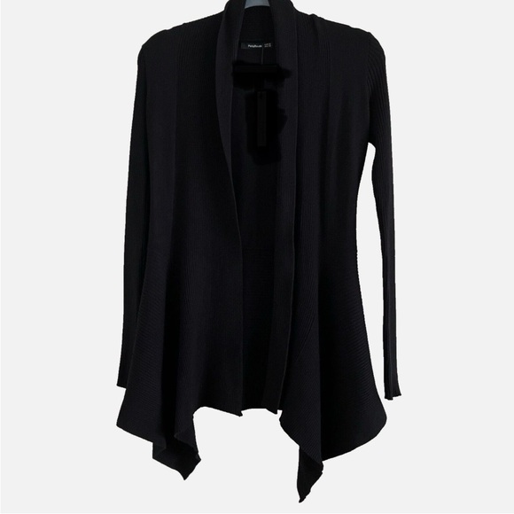 PATTY BOUTIK TIGHT RIBBED CASCADING WATERFALL OPEN CARDIGAN LADIES BLACK SZ LG - Picture 1 of 12